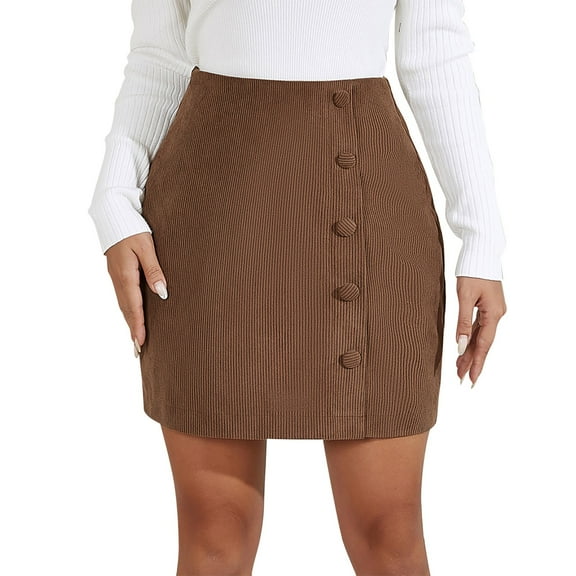 Prolriy Mini Skirt Womens Corduroy Skirts Fall Winter High Waist Button Down A Line Short Mini Skirt with Pockets Skirts for Women Brown XL