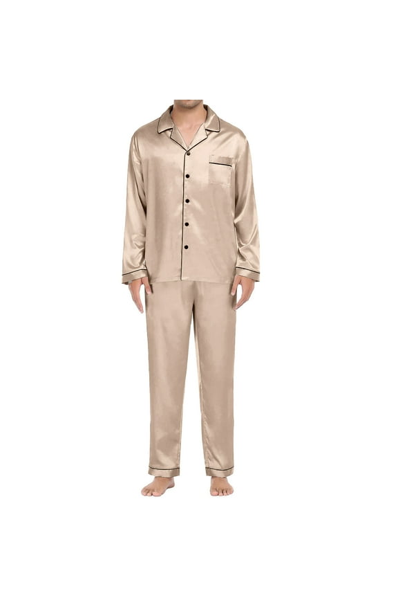 Pajama Sets for Women 2 Piece Men's Casual Pyjamas Long Sleeve Blouse Button Silk Satin Two Piece Sleepwear Suit Pant Pyjama Womens Pajama Sets Lounge Sets for Women Beige L