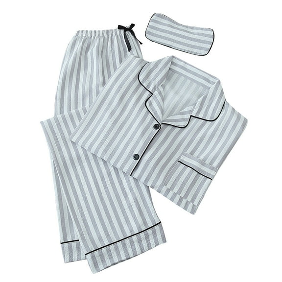 Prolriy Pajamas for Women Set Womens 2Pcs Striped Pajama Set Vintage Wrinkles Homewear Outfit Full Season Lightweight Button Down Shirts Sleepwear Two Piece Sets for Women Grey L