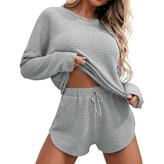 Prolriy Pajamas for Women Set Womens Knit Pajama Sets Long Sleeve Top and Shorts Matching Set Loungewear Sweatsuit with Pockets Two Piece Sets for Women Grey S