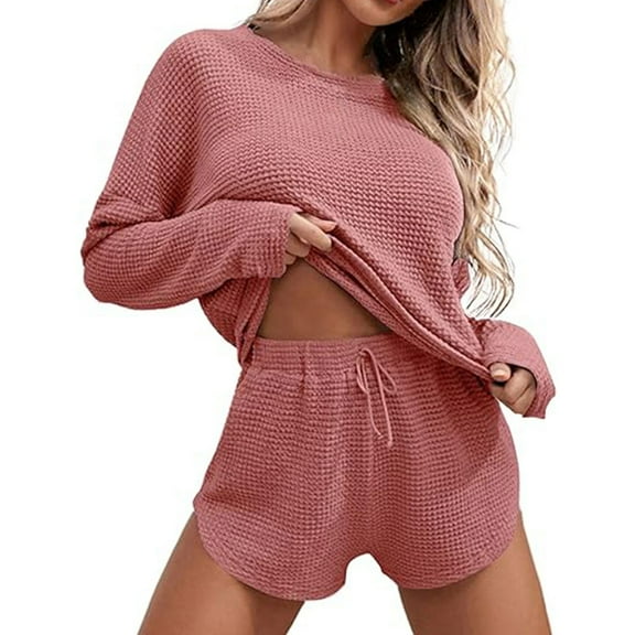 Prolriy Pajamas for Women Set Womens Knit Pajama Sets Long Sleeve Top and Shorts Matching Set Loungewear Sweatsuit with Pockets Two Piece Sets for Women Red XL