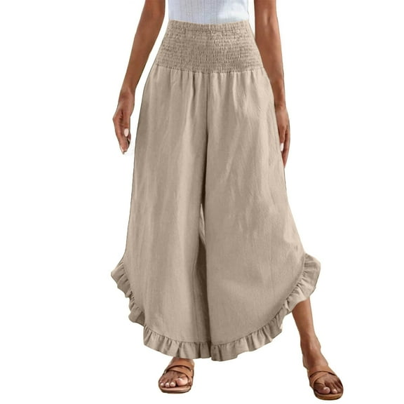 Prolriy Palazzo Pants for Women Linen Pants Women Summer Wide Leg Smocked Waist Ruffle Pants Boho Flowy Beach Vacation Pant with Women's Pants Beige S