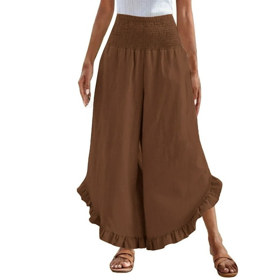 Prolriy Palazzo Pants for Women Linen Pants Women Summer Wide Leg Smocked Waist Ruffle Pants Boho Flowy Beach Vacation Pant with Women's Pants Brown L