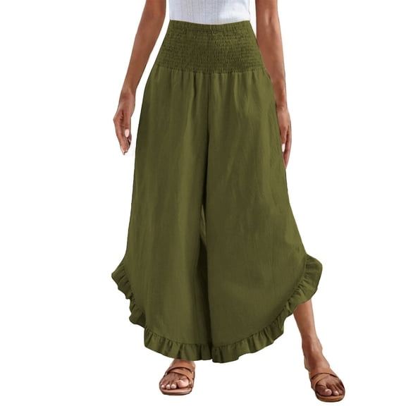 Prolriy Palazzo Pants for Women Linen Pants Women Summer Wide Leg Smocked Waist Ruffle Pants Boho Flowy Beach Vacation Pant with Women's Pants Green L