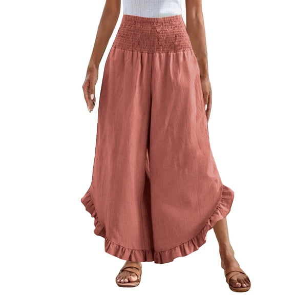 Prolriy Palazzo Pants for Women Linen Pants Women Summer Wide Leg Smocked Waist Ruffle Pants Boho Flowy Beach Vacation Pant with Women's Pants Rose Gold S