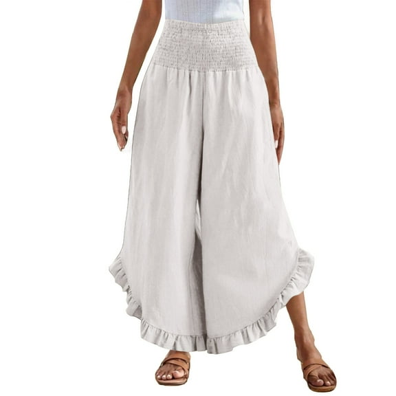 Prolriy Palazzo Pants for Women Linen Pants Women Summer Wide Leg Smocked Waist Ruffle Pants Boho Flowy Beach Vacation Pant with Women's Pants White S