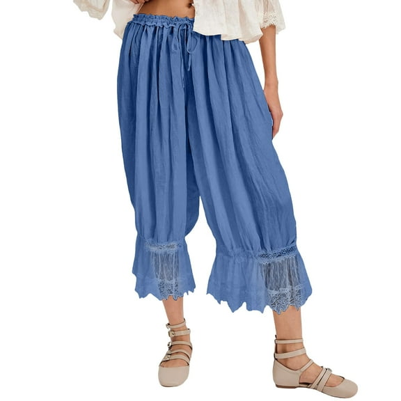 Prolriy Palazzo Pants for Women, Women Ruffle Lace Trim Pantaloons Lingerie Pants Slips for Under Dress Hollow Lace Home Clothes Wide Leg Pants Woman Blue2 M