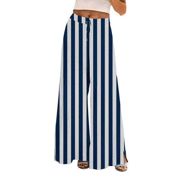 Prolriy Palazzo Pants for Women Wide Leg Pants Woman Summer Print Boho Palazzo Pants High Waist Trousers with Pockets Women's Pants Dark Blue S