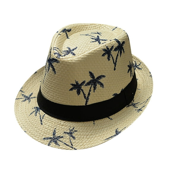 Prolriy Panama Hat Men Fedora Hats Parent Child Adult Beach Wind Travel Tree Printing Paper Jazz Hat Seaside Sun Hats for Women Beige