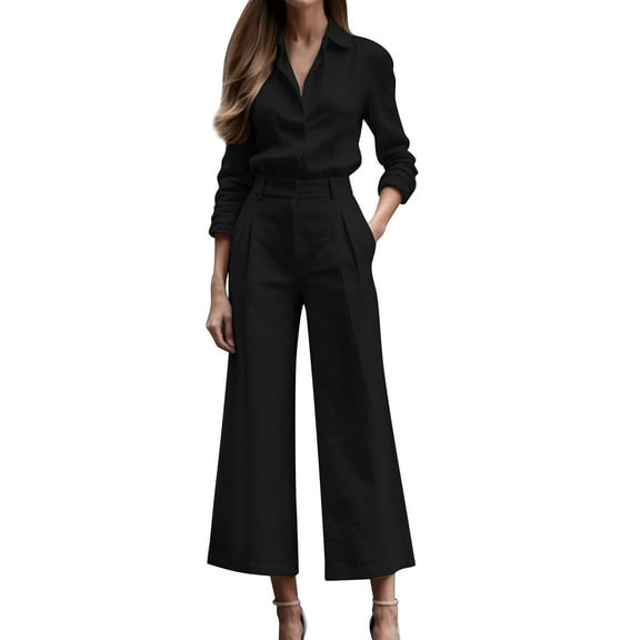 Prolriy Pant Suits for Women Ladies' Fashionable Casual Commuting Temperament Cardigan Long Sleeved Top Loose Pants Business Casual Outfits for Women Black S