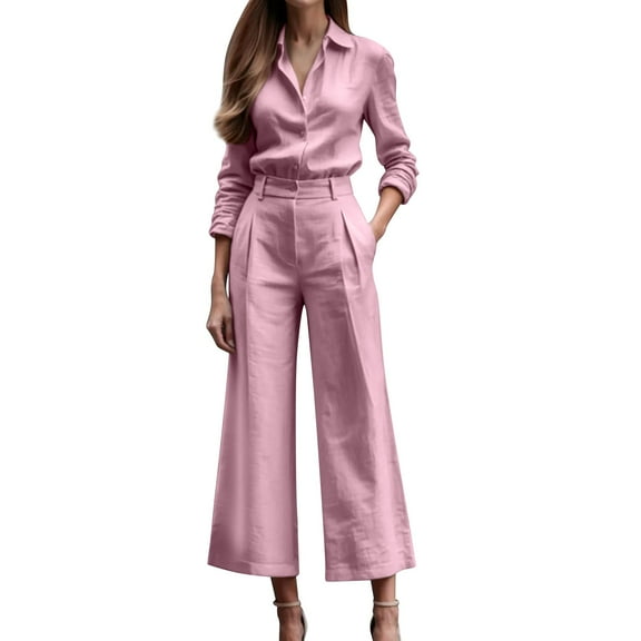Prolriy Pant Suits for Women Ladies' Fashionable Casual Commuting Temperament Cardigan Long Sleeved Top Loose Pants Business Casual Outfits for Women Pink M