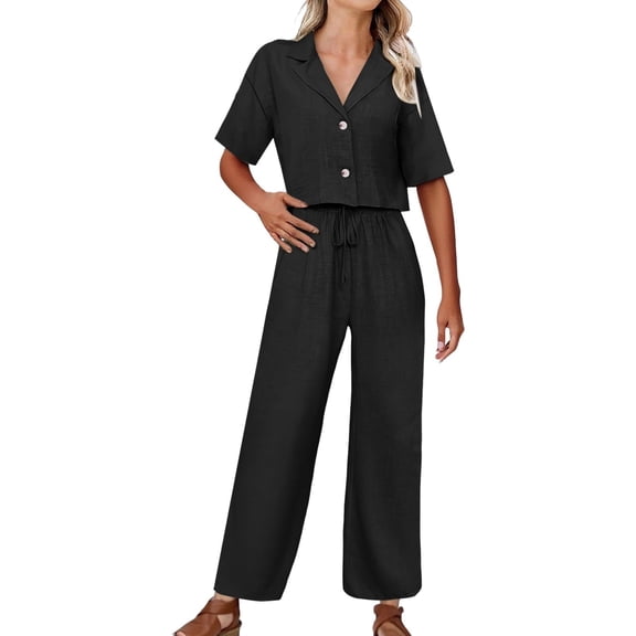 Prolriy Pant Suits for Women Ladies' Solid Color Elegant Two Piece Fashionable Casual Suit Jacket and Wide Leg Pants Set Business Casual Outfits for Women Black S