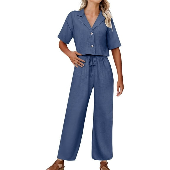 Prolriy Pant Suits for Women Ladies' Solid Color Elegant Two Piece Fashionable Casual Suit Jacket and Wide Leg Pants Set Business Casual Outfits for Women Dark Blue S