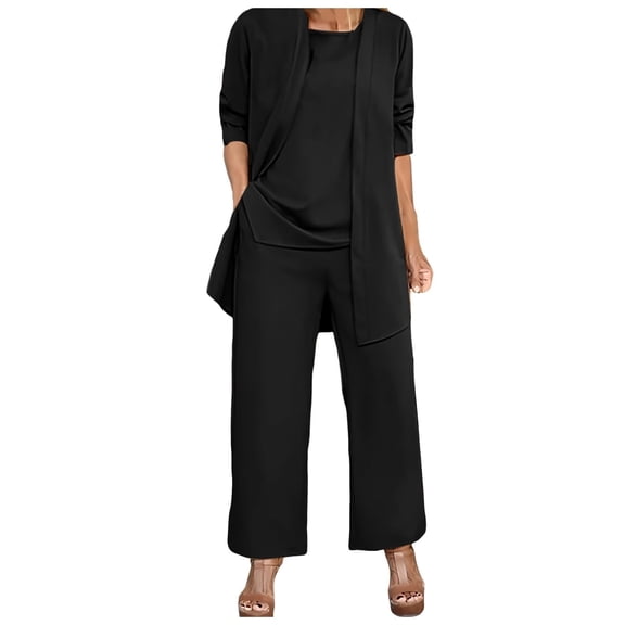 Prolriy Pant Suits for Women, Women's Trendy 3 Piece Set Long Sleeve Cardigan Sleeveless Top & Wide Leg Pants Business Casual Outfits for Women Black L
