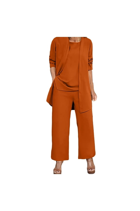 Pant Suits for Women, Women's Trendy 3 Piece Set Long Sleeve Cardigan Sleeveless Top & Wide Leg Pants Business Casual Outfits for Women Orange L