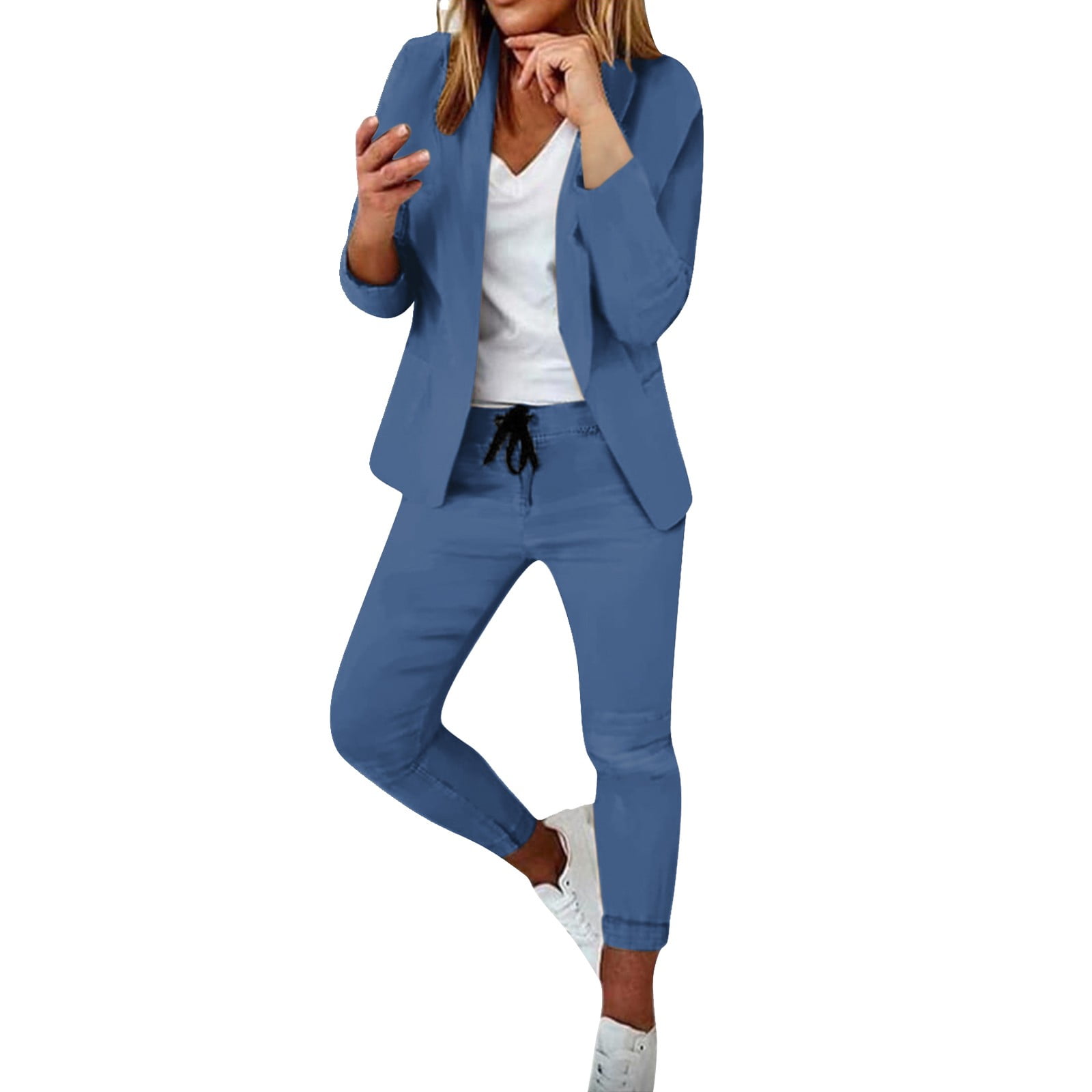 Prolriy Pant Suits for Women Women s Two Piece Lapels Suit Set Office Business Long Sleeve Jacket Pant Suit Slim Fit Trouser Jacket Suit Womens 2 Piece Outfits Blue S Walmart