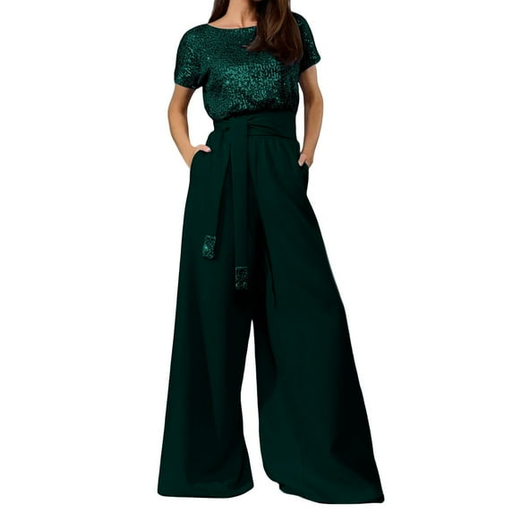 Prolriy Pants Suits for Women Dressy Women's Sparkly Sequin Set Crewneck Short Sleeve Top Straight Leg Baggy Trouser Outfits Classy Outfits for Women Green S