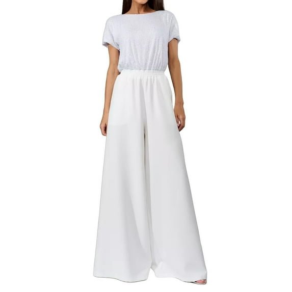 Prolriy Pants Suits for Women Dressy Women's Sparkly Sequin Set Crewneck Short Sleeve Top Straight Leg Baggy Trouser Outfits Classy Outfits for Women White XXXL