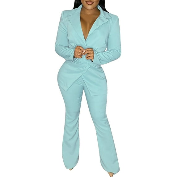 Prolriy Pants Suits for Women Dressy Women's V Neck Lapel Fashion Casual Solid Color Suit Two Set Classy Outfits for Women Green L