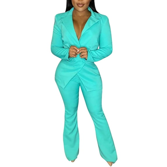 Prolriy Pants Suits for Women Dressy Women's V Neck Lapel Fashion Casual Solid Color Suit Two Set Classy Outfits for Women Mint Green S