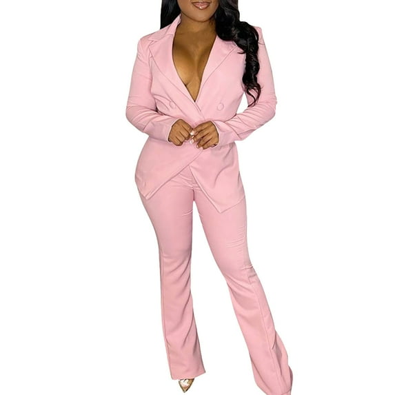 Prolriy Pants Suits for Women Dressy Women's V Neck Lapel Fashion Casual Solid Color Suit Two Set Classy Outfits for Women Pink L