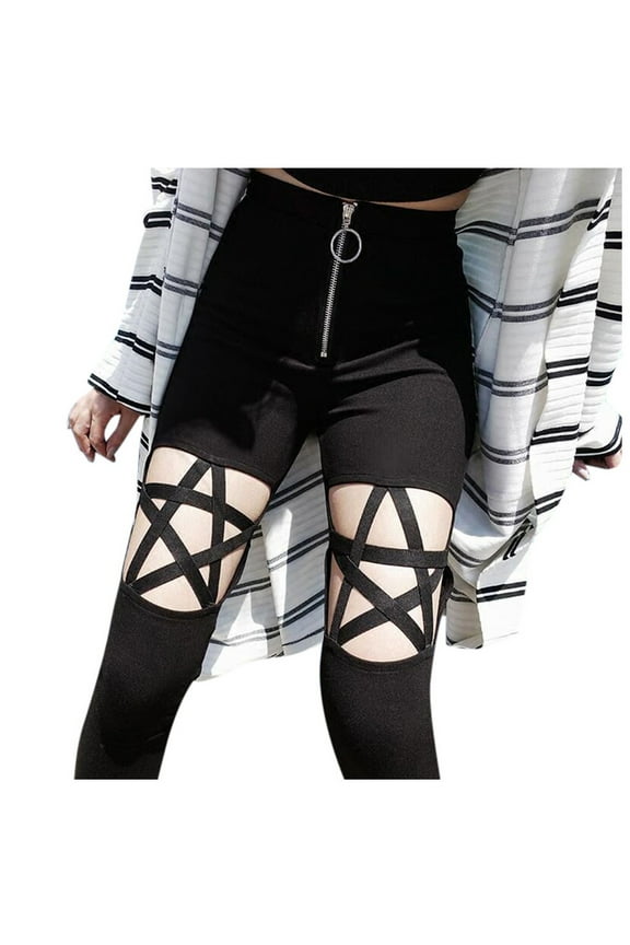 Pants for Women Out Pants Women Gothic Star Zipper Five-Pointed Waist Hollow Punk Leggings High Pants Women's Pants Black L