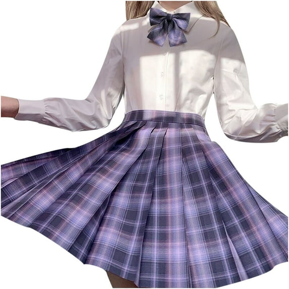 Prolriy Plaid Skirts for Women Fashion Women Plaid Pleated A-Line Skirt Burnout High Waist Short Skirt Women's Skirts Purple XS
