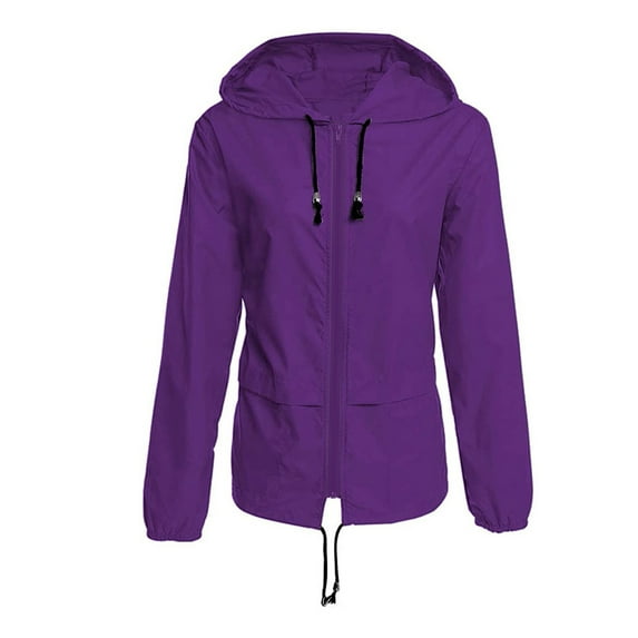 Prolriy Rain Jacket Women Solid Long Sleeve Pocket Outwear Loose Splicing Windbreaker Jackets for Women, Womens Jacket Purple S