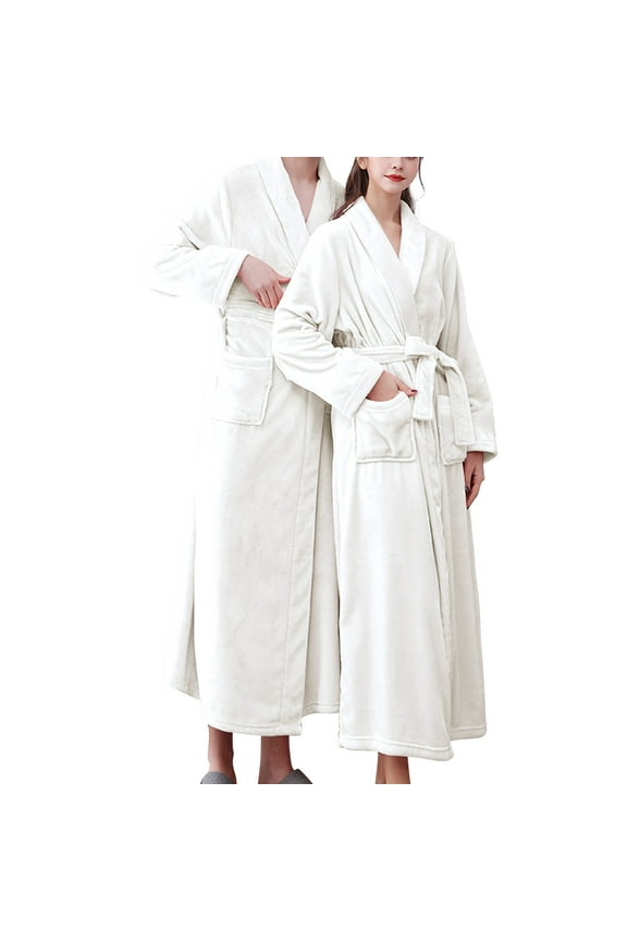 Robes for Women, Women's Double Pocket Flannel Bathrobe Soft and Warm Double Faced Velvet Bathrobe Pajamas and Home Wear BathRobe Womens Robe Beige L