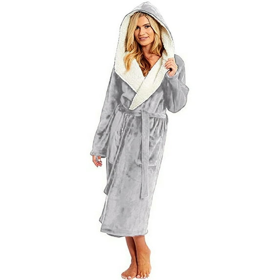 Prolriy Robes for Women Winter Plush Lengthened Shawl Bathrobe Home Clothes Long Sleeved Robe Coat Womens Robe Grey M