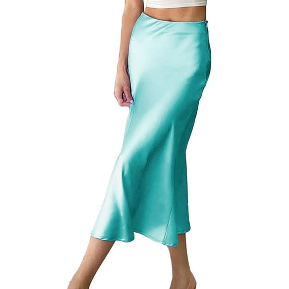 Prolriy Satin Skirt 2023 Skirt European and American Drape Satin Mid Length High Waist Hip A Line Skirts for Women Sky Blue L