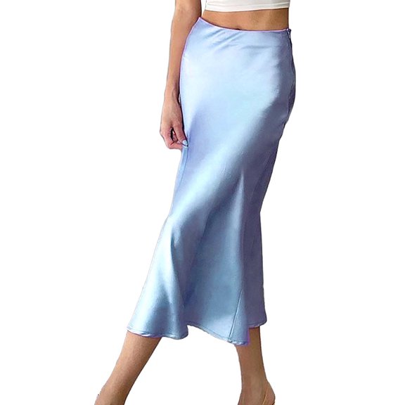 Prolriy Satin Skirt 2024 Skirt European and American Drape Satin Mid Length High Waist Hip A Line Skirts for Women Blue1 M