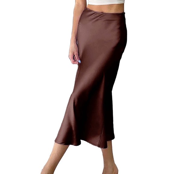 Prolriy Satin Skirt 2024 Skirt European and American Drape Satin Mid Length High Waist Hip A Line Skirts for Women Brown M
