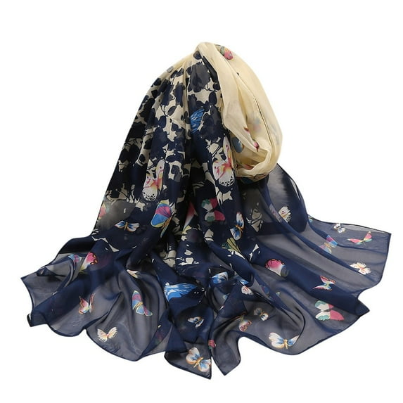 Prolriy Scarf for Women 160*50Cm Women Flower Print Long Soft Wrap Scarf Simulation Silk Shawl Scarves Shawl Scarf Navy