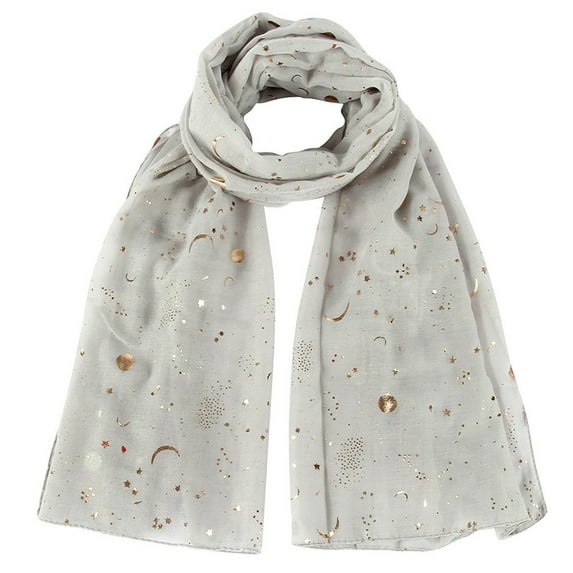 Prolriy Scarf for Women Fashion Star Moon Foil Printed Scarf Wrap Silk Shawl Travel Scarves Womens Scarf Gray