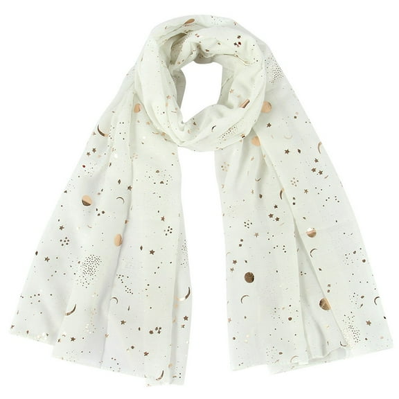Prolriy Scarf for Women Fashion Star Moon Foil Printed Scarf Wrap Silk Shawl Travel Scarves Womens Scarf White