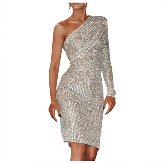 Prolriy Sequin Dress for Women Long Dress Shoulder One Sequin Ruched Shoulder Fashion Women Cold Sequin Solid Dress Holiday Dresses 2025 New Years Eve Dress Silver S
