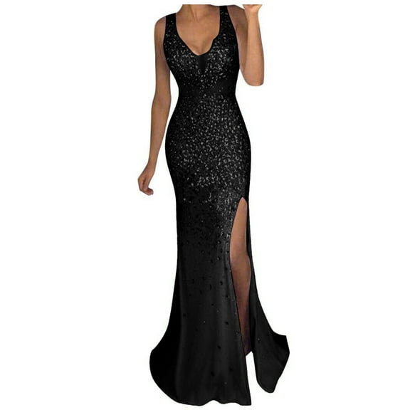 Prolriy Sequin Dress for Women Sequin Dress Solid Prom Party Gown Dress Gold Evening Bridesmaid Skirt V Neck Long Dress Holiday Dresses for Women 2024 New Years Eve Dress Black M