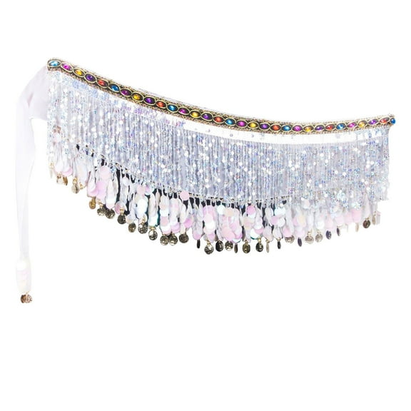 Prolriy Sequin Fringe Wrap Skirts for Women, Women's Carnival Sequin Tassel Waist Chain Hip Scarf Performance Belt Waist Cover Belts for Women White