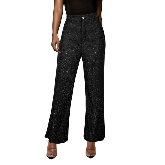 Prolriy Sequin Pants for Women 2024 New Sequin Party Fashion Casual High Waist Women's Pants Retro Wide Leg Pants Women Lounge Pants Women, Womens Pants Black L