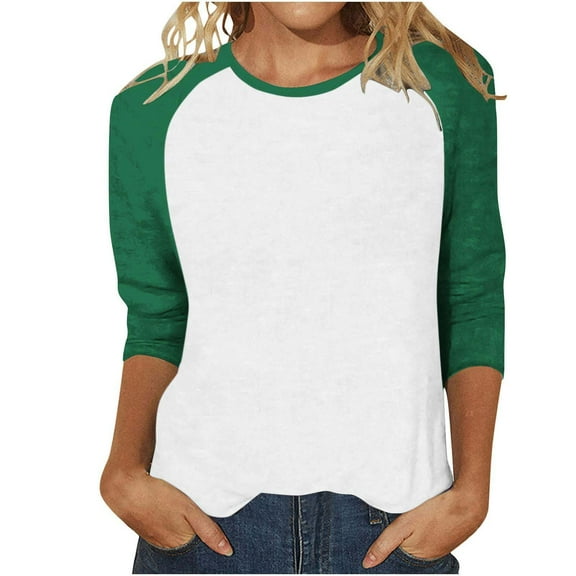 Prolriy Shirts for Women, Women Long Sleeve Round Neck Top Solid Color Color Matching Fashion Sleeves Casual T Shirt Womens Tops Spring Summer Tops for Women Green L