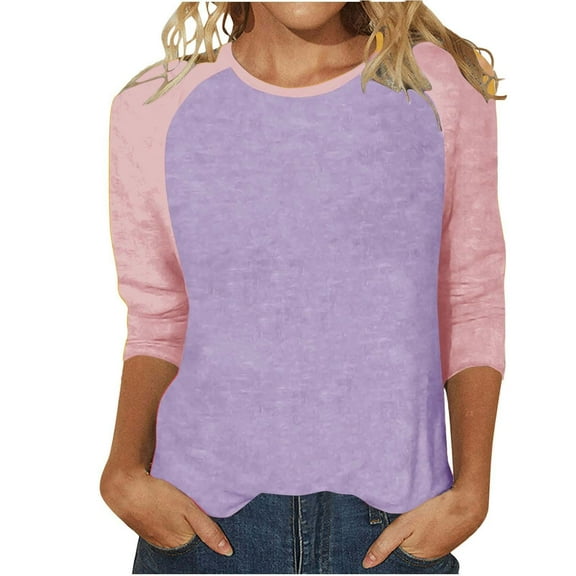 Prolriy Shirts for Women, Women Long Sleeve Round Neck Top Solid Color Color Matching Fashion Sleeves Casual T Shirt Womens Tops Spring Summer Tops for Women Purple XXL