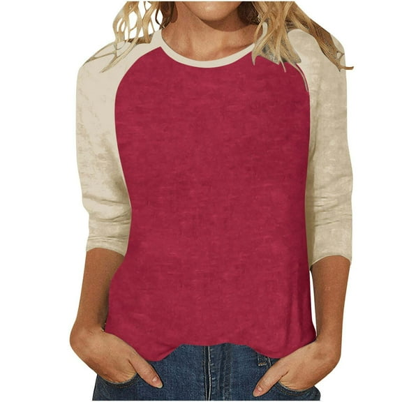 Prolriy Shirts for Women, Women Long Sleeve Round Neck Top Solid Color Color Matching Fashion Sleeves Casual T Shirt Womens Tops Spring Summer Tops for Women Wine M