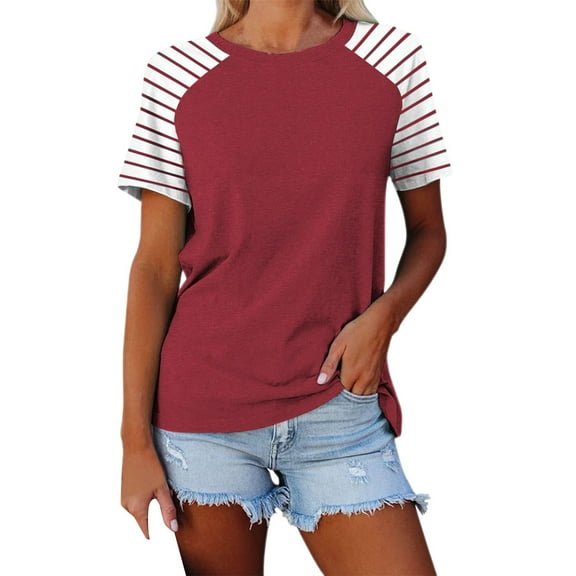 Prolriy Shirts for Women, Women's Round Neck Patchwork Striped Color Block Loose Casual Short Sleeved T Shirt Womens Tops Spring Summer Tops for Women Red S
