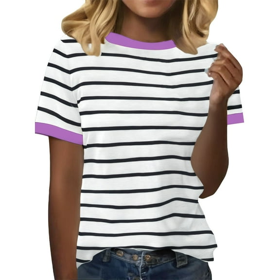 Prolriy Shirts for Women, Women's Spring Round Neck Stripe Splicing Loose Casual Short Sleeve T Shirt Womens Tops Spring Summer Tops for Women Purple S