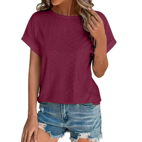 Prolriy Shirts for Women, Women's Spring Summer Solid Color Hollow Breathable Round Neck Loose Short Sleeved T Shirt Top Womens Tops Spring Summer Tops for Women Wine XL