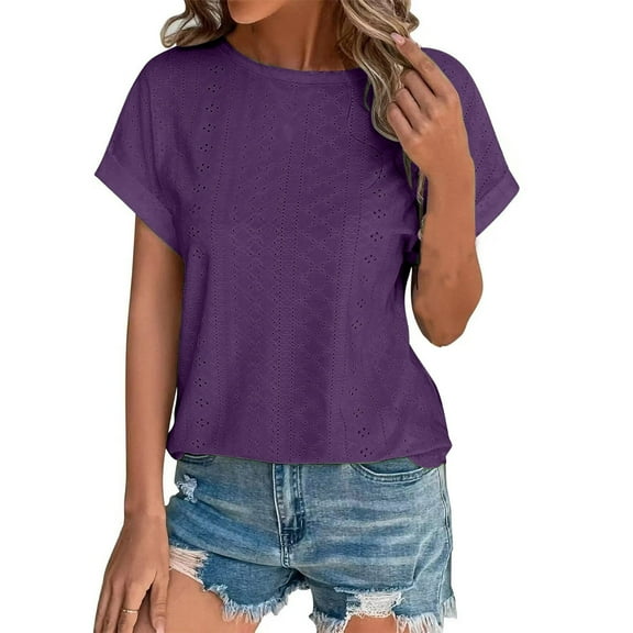 Prolriy Shirts for Women, Women's Spring Summer Solid Color Hollow Breathable Round Neck Loose Short Sleeved T Shirt Top Womens Tops Spring Summer Tops for Women Purple S