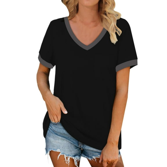 Prolriy Shirts for Women, Women's Spring V Neck Splice Ribbon Pocket Loose Casual Short Sleeve T Shirt Womens Tops Spring Summer Tops for Women Black S