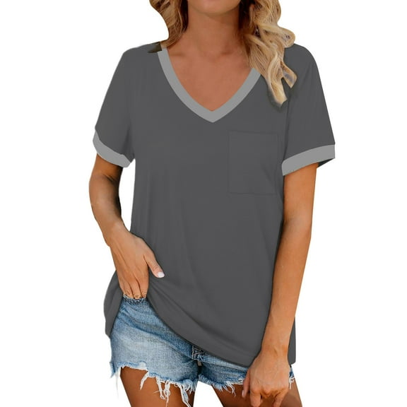 Prolriy Shirts for Women, Women's Spring V Neck Splice Ribbon Pocket Loose Casual Short Sleeve T Shirt Womens Tops Spring Summer Tops for Women Dark Gray M