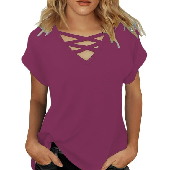 Prolriy Shirts for Women, Womens Summer Tops Short Sleeve Shirts V Neck Tshirts Loose Casual Tunic Blouses Tees Womens Tops Spring Summer Tops for Women Wine S